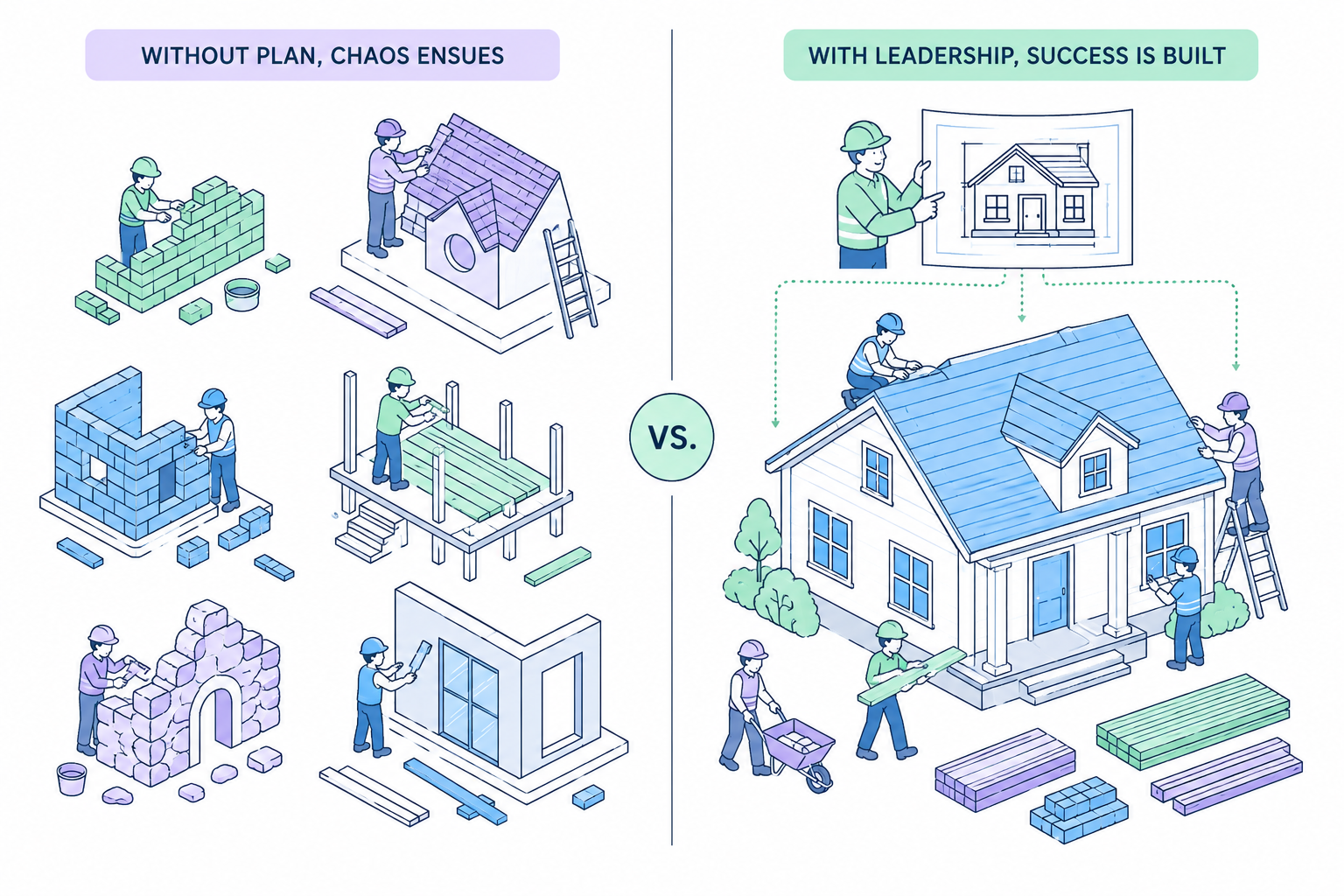 On the left, a chaotic construction site where each worker builds a different style with no plan; on the right, the same crew under one foreman holding a single master blueprint, building one coherent house