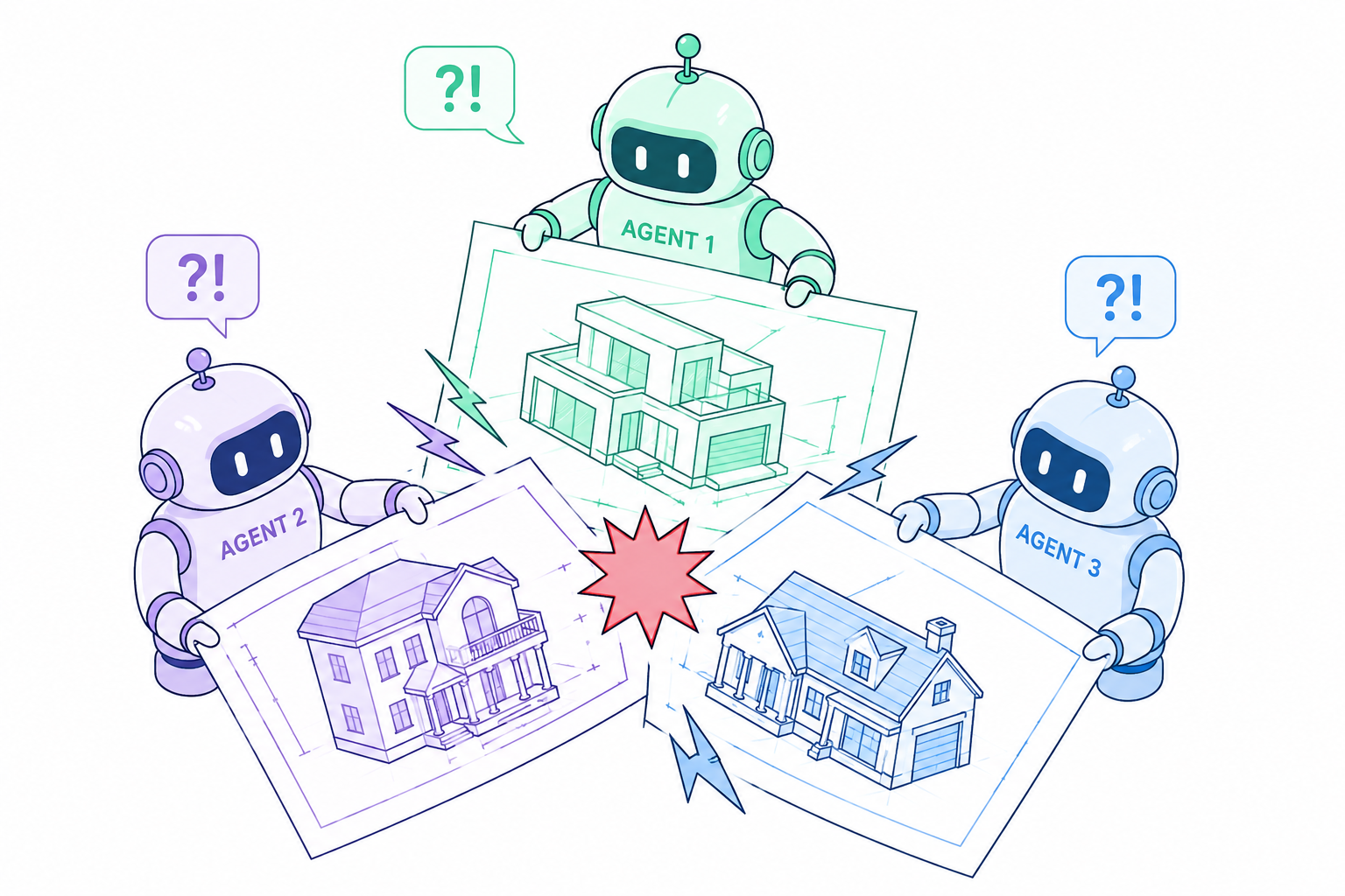 Three AI agents each holding a slightly different blueprint of the same building, the drawings clearly mismatched, colliding in the middle — a conceptual conflict, not a line-by-line merge conflict